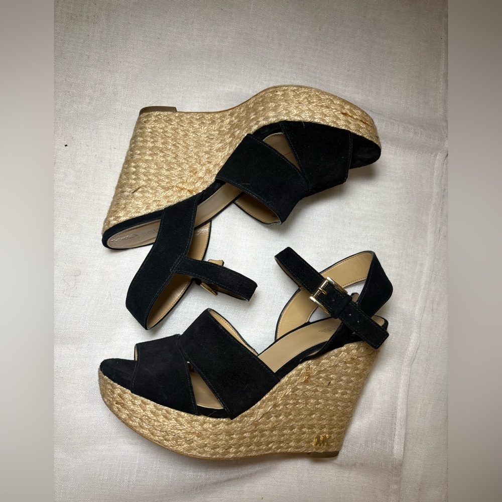 Michael Kors Black Suede Espadrille Wedge Sandals 9M Resort Luxury Resort-wear - Picture 13 of 15